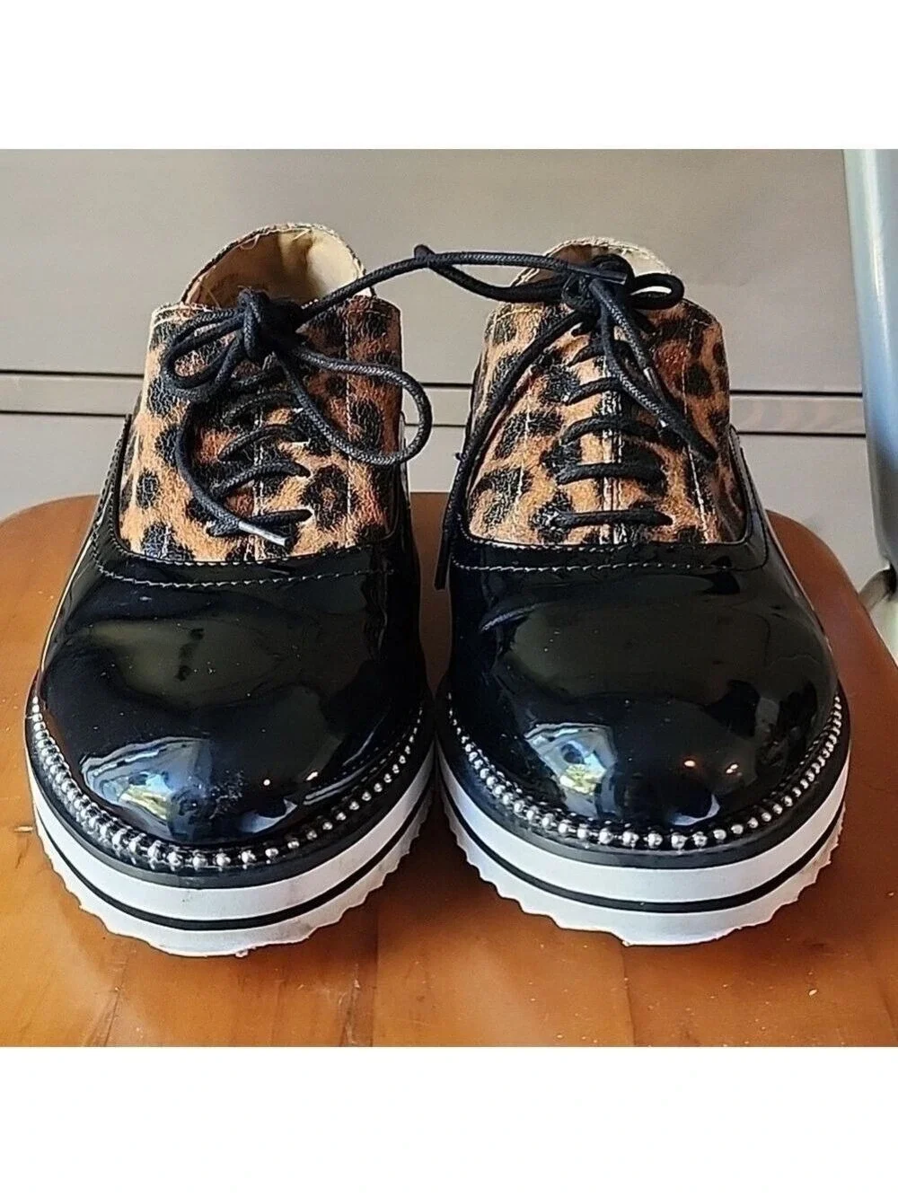 Torrid Plus Size Platform Oxford Black and Leopard Faux Leather Shoes Size 7.5 W